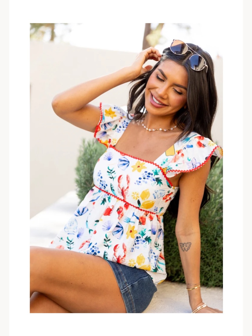 Pink Lily All l've Got Icon Printed Woven Peplum Top - Picture 5 of 5